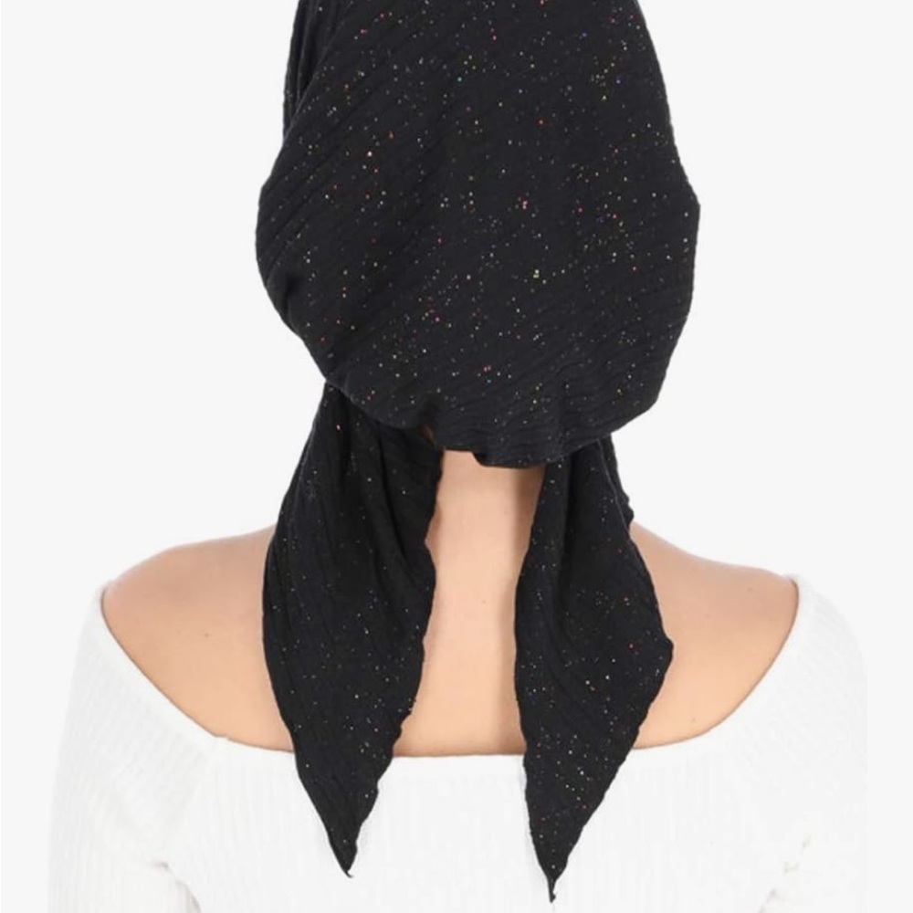 Black with Silver Sparkle Pre-tied Head Scarf Stretchy Ribbed Fabric NWOT - Picture 3 of 9